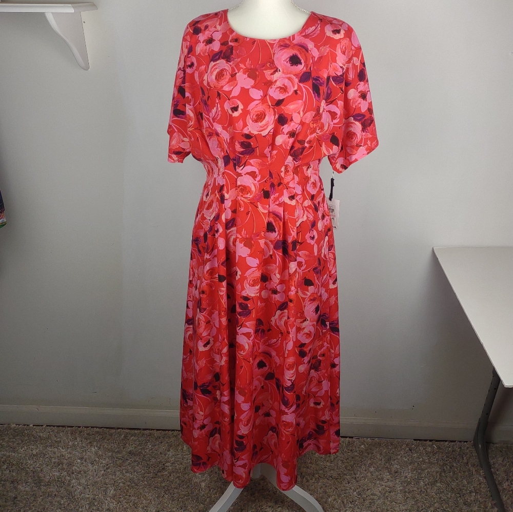 Kensie Red and Pink Floral Scoop Neck Midi Dress Size 10